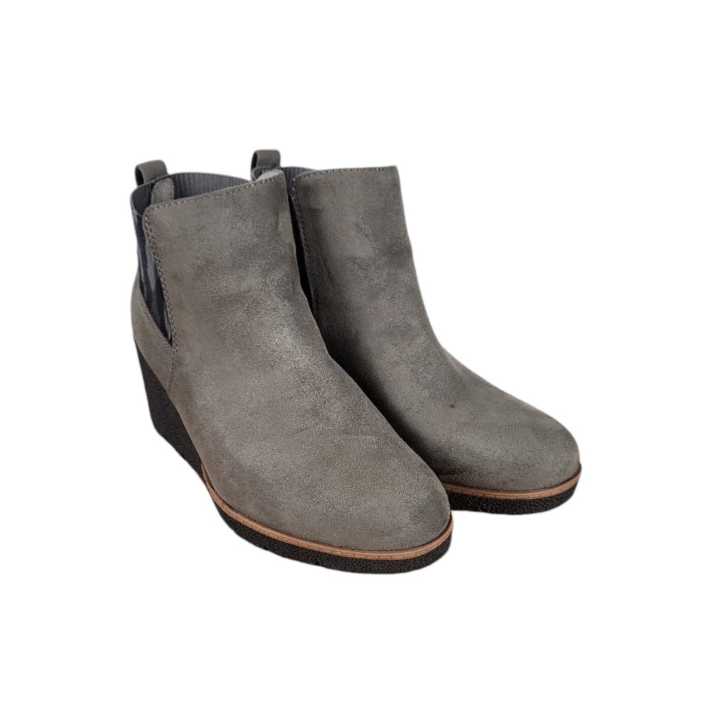 Dr. scholl's lean in booties slip on suede gray two tone wedg heel women's sz 6M